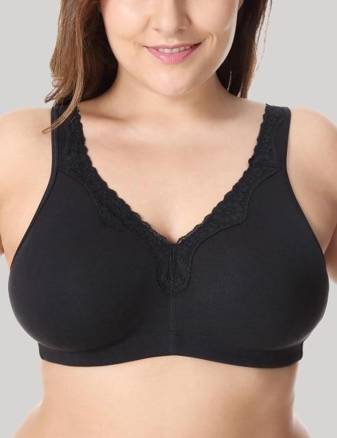 New Lace Trim Full Coverage Cotton Wirefree Bra  Plus Size 36-48 B C D DD E