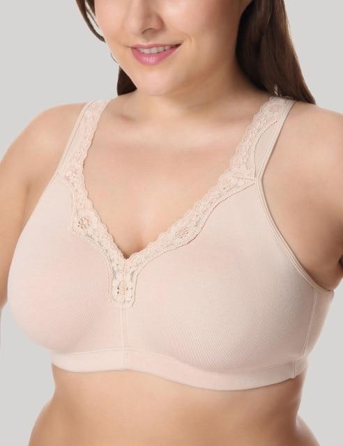 New Lace Trim Full Coverage Cotton Wirefree Bra  Plus Size 36-48 B C D DD E