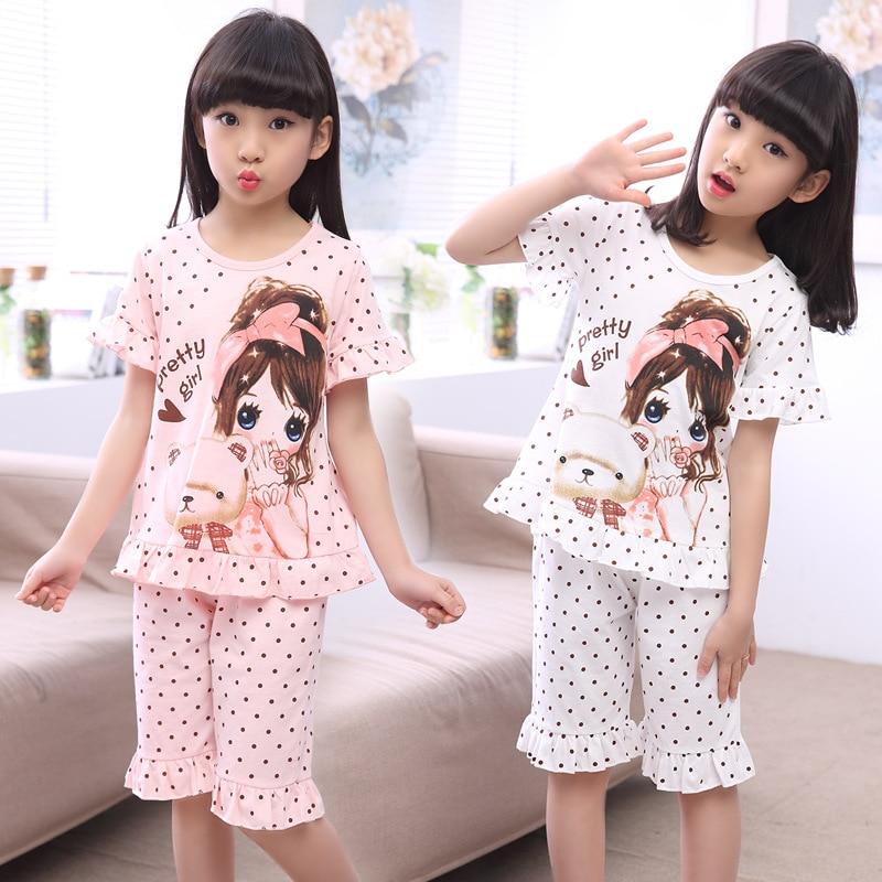 Summer Children's Sleepwear Cotton Short-sleeves Shirt and Pant Suit Girls Family Pajamas Kids 3-12T Pyjamas Children Costumes
