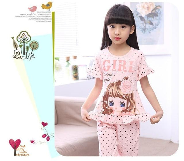 Summer Children's Sleepwear Cotton Short-sleeves Shirt and Pant Suit Girls Family Pajamas Kids 3-12T Pyjamas Children Costumes