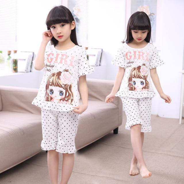 Summer Children's Sleepwear Cotton Short-sleeves Shirt and Pant Suit Girls Family Pajamas Kids 3-12T Pyjamas Children Costumes