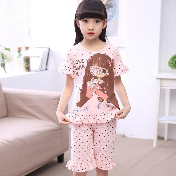 Summer Children's Sleepwear Cotton Short-sleeves Shirt and Pant Suit Girls Family Pajamas Kids 3-12T Pyjamas Children Costumes