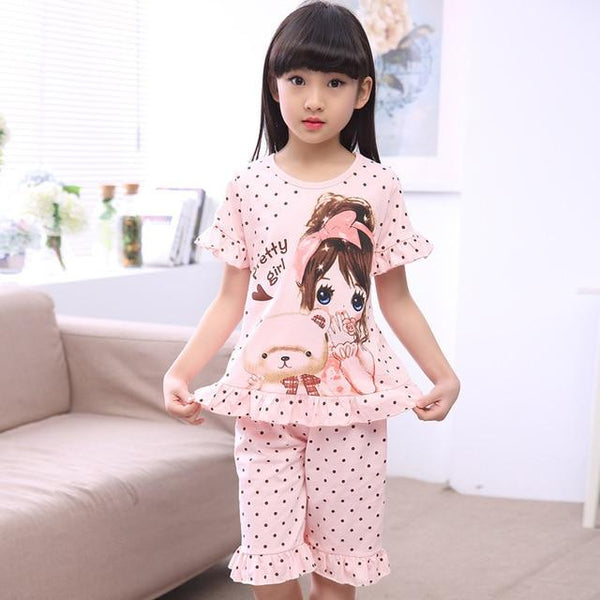 Summer Children's Sleepwear Cotton Short-sleeves Shirt and Pant Suit Girls Family Pajamas Kids 3-12T Pyjamas Children Costumes