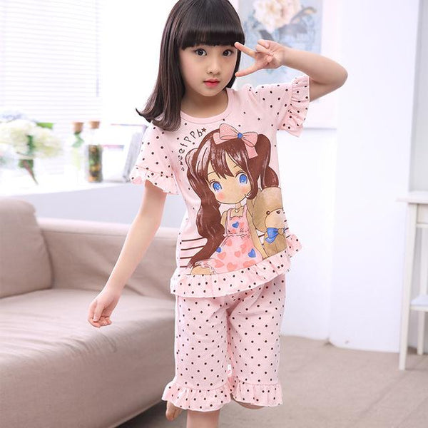 Summer Children's Sleepwear Cotton Short-sleeves Shirt and Pant Suit Girls Family Pajamas Kids 3-12T Pyjamas Children Costumes