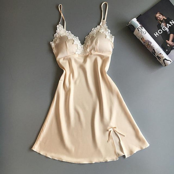 Women Nighties Night Suit Dress Summer Sexy Nightgowns Sleepwear Satin Nightgown Female Home Dress Elegant Nightwear Chest Pads