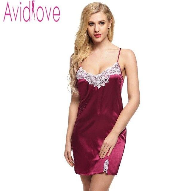 Avidlove Night Dress Women Sleepwear Nighty Satin Dress Nightgown Lace Splicing Nightwear Spaghetti Mini Robes vestidos mujer