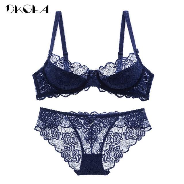 Hollow Sexy Bra Ultrathin Underwear Set Plus Size C D Cup Women Transparent Bra Sets Lace Embroidery Lingerie Gray Brassiere