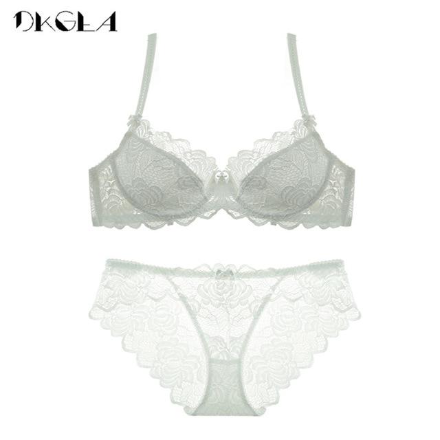 Hollow Sexy Bra Ultrathin Underwear Set Plus Size C D Cup Women Transparent Bra Sets Lace Embroidery Lingerie Gray Brassiere