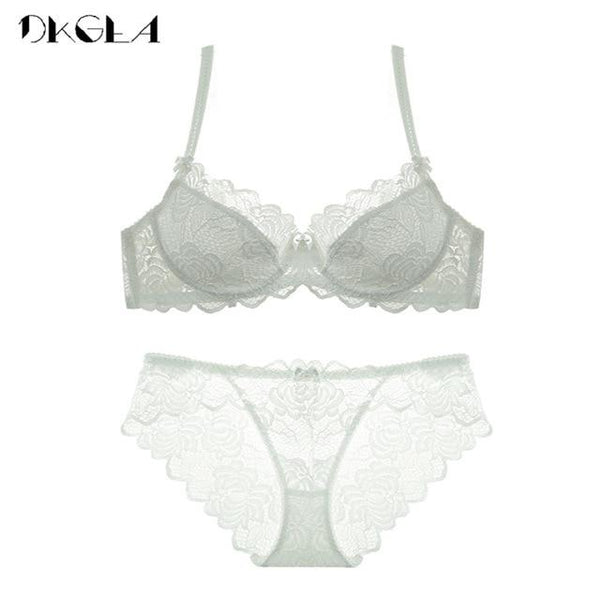 Hollow Sexy Bra Ultrathin Underwear Set Plus Size C D Cup Women Transparent Bra Sets Lace Embroidery Lingerie Gray Brassiere