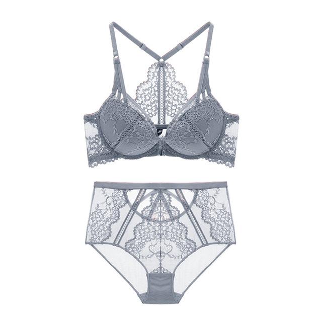 Varsbaby women' sexy floral lace front closure underwear Y-line straps bra sets