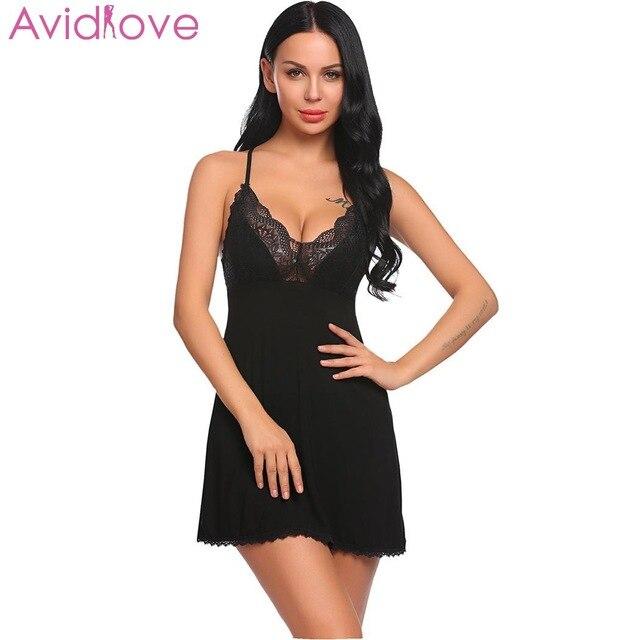 Avidlove Women Night Dress Nighty Sleepwear Lingerie Sexy Women Babydoll Chemise Lace Patchwork Nightwear with G-String