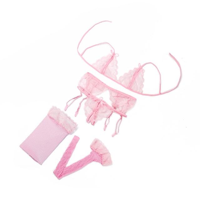 4 Pcs Bra Set Lingerie Drop A B C CUP Brand Women Lace Sexy Open Bra Sleepwear G-string Garter Belt Black Pink Red 2017