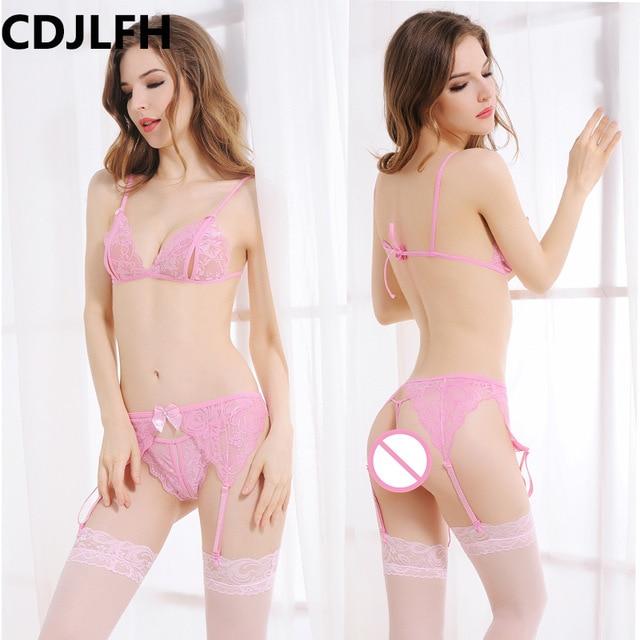 CDJLFH 2018 Women Hot Sexy transparent Bra + brief + Silk Socks + Sling Lingerie Suit Women Lace Bra Set Open Crotch Sex Set