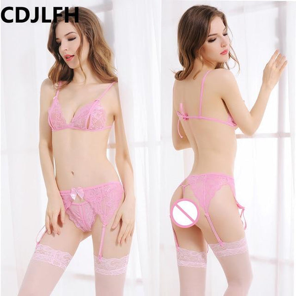 CDJLFH 2018 Women Hot Sexy transparent Bra + brief + Silk Socks + Sling Lingerie Suit Women Lace Bra Set Open Crotch Sex Set