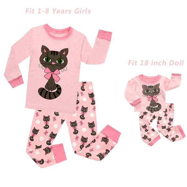 Baby Girls and 18 inches Doll Matching Pajamas Sets Girls Pijama Infantil Kids Girl Baby Girl Clothes Cat Cartoon Animal Pyjamas