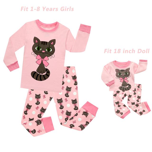 Baby Girls and 18 inches Doll Matching Pajamas Sets Girls Pijama Infantil Kids Girl Baby Girl Clothes Cat Cartoon Animal Pyjamas