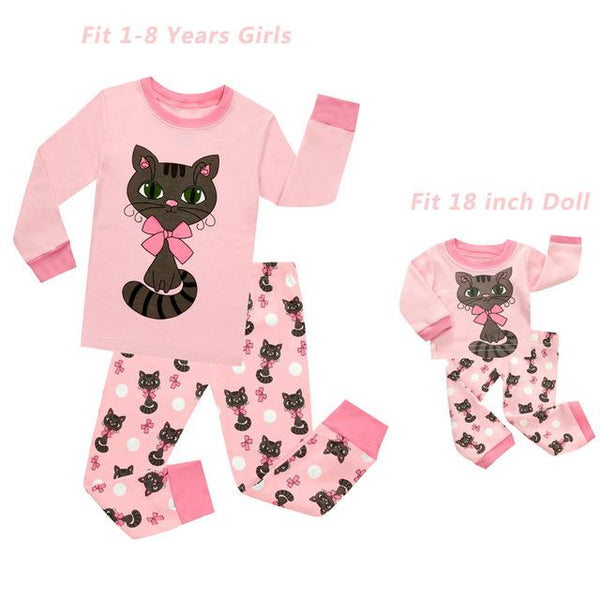 Baby Girls and 18 inches Doll Matching Pajamas Sets Girls Pijama Infantil Kids Girl Baby Girl Clothes Cat Cartoon Animal Pyjamas