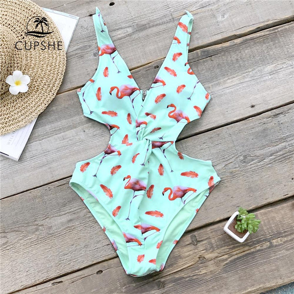 CUPSHE Mint Green Pink Flamingo High Leg Cut One-Piece Swimsuit Women Twist Bowknot Beach Bathing Suit Monokini Swimwear