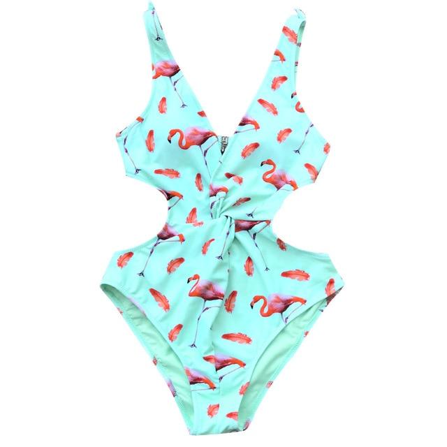 CUPSHE Mint Green Pink Flamingo High Leg Cut One-Piece Swimsuit Women Twist Bowknot Beach Bathing Suit Monokini Swimwear