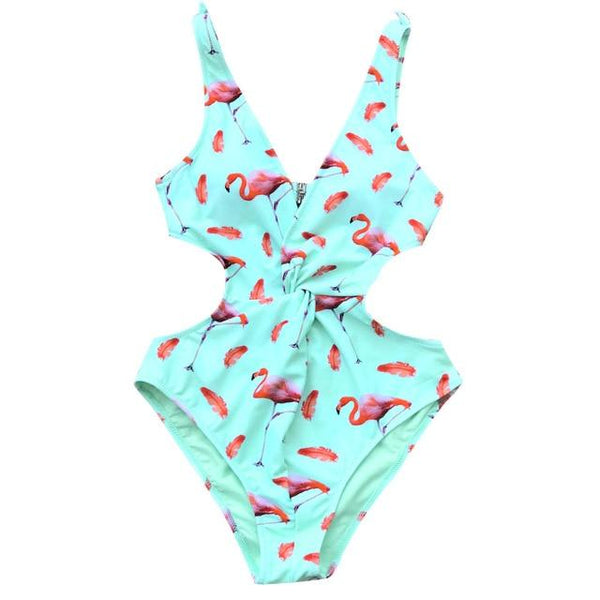CUPSHE Mint Green Pink Flamingo High Leg Cut One-Piece Swimsuit Women Twist Bowknot Beach Bathing Suit Monokini Swimwear