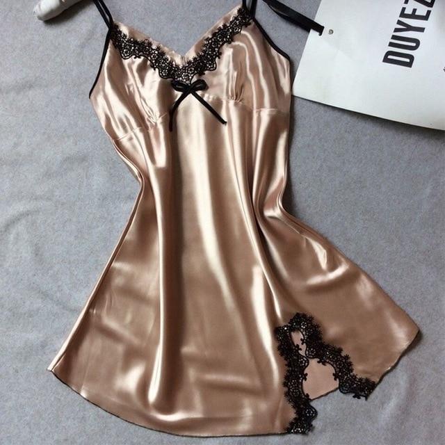 2018 Solid Satin Chiffon Women Nightgowns Summer Nightdress Sheer Chemises Nightshirt Lace Sleepwear Sexy Nightwear Trim Nightie