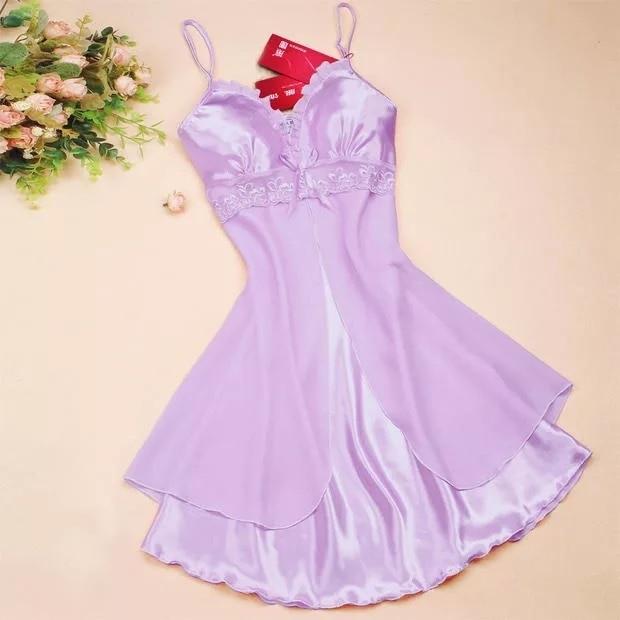 2018 Solid Satin Chiffon Women Nightgowns Summer Nightdress Sheer Chemises Nightshirt Lace Sleepwear Sexy Nightwear Trim Nightie