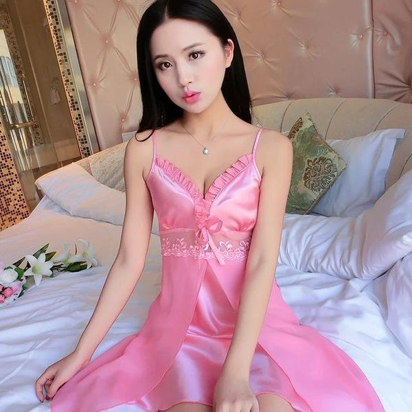 2018 Solid Satin Chiffon Women Nightgowns Summer Nightdress Sheer Chemises Nightshirt Lace Sleepwear Sexy Nightwear Trim Nightie
