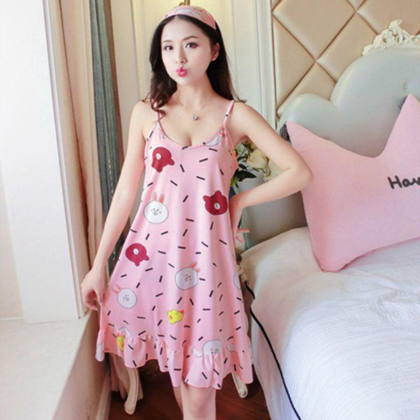 Women Sleep Wear Night Dress with Eyemask Lingerie Nightgown Plus Size Spaghetti Strap Kawaii Nightdress Cute Nighties for Women