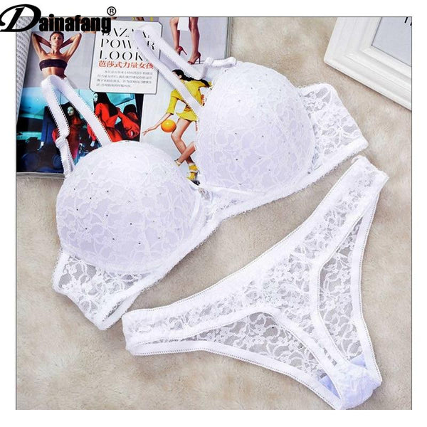 [Hot sales] New 2019 Lace Drill Bra Set Women Plus Size Push Up Underwear Set Bra And Thong Set 34 36 38 40 ABC Cup For Female
