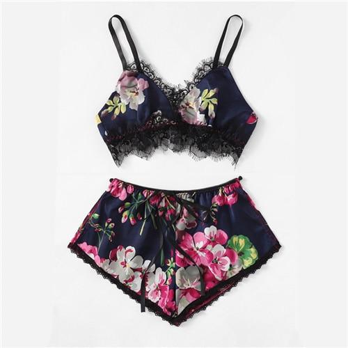 COLROVIE Multicolor Lace Trim Floral Print Satin Sexy Women Lingerie Set Boho Wireless Intimates Femme Bra Underwear Set
