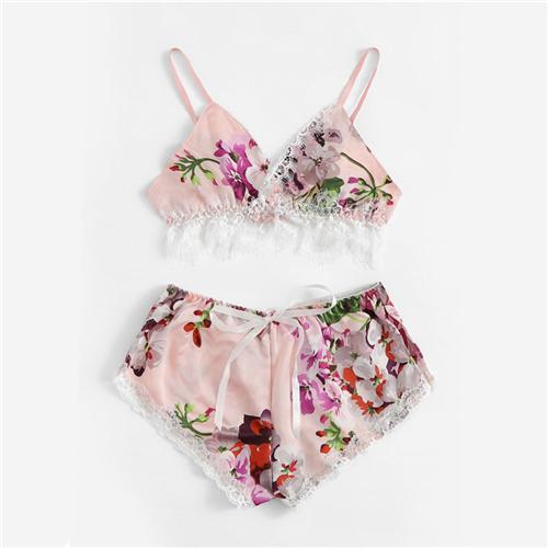 COLROVIE Multicolor Lace Trim Floral Print Satin Sexy Women Lingerie Set Boho Wireless Intimates Femme Bra Underwear Set