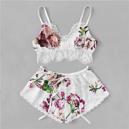 COLROVIE Multicolor Lace Trim Floral Print Satin Sexy Women Lingerie Set Boho Wireless Intimates Femme Bra Underwear Set
