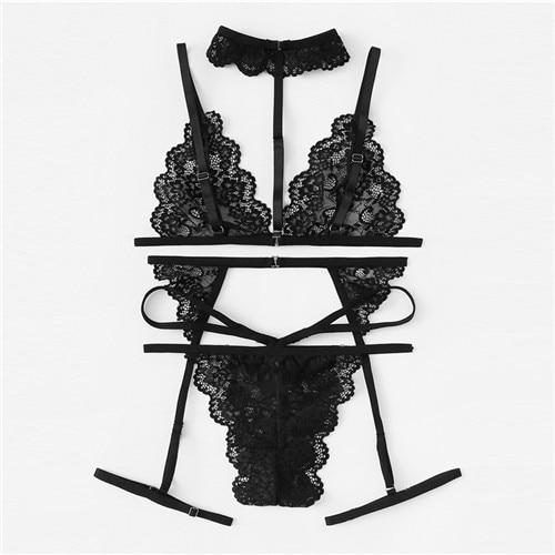 COLROVIE Black Sexy Floral Scalloped Trim Lace Lingerie Set New Women Bra And Thongs Sets Wireless Navy Sexy Underwear Bra Set