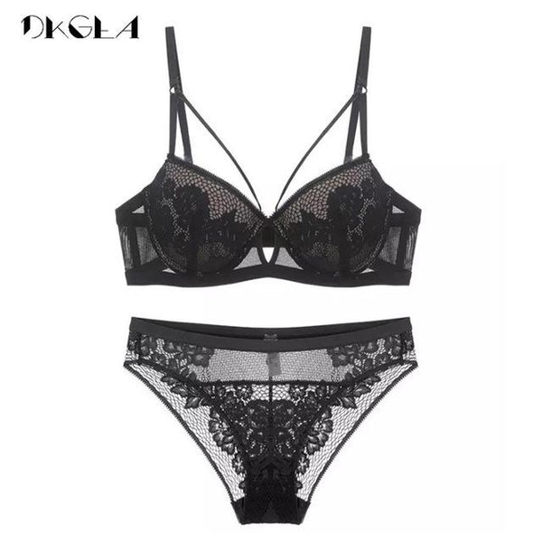 2019 New Bandage Green Lace Bra Set Women Lingerie Embroidery Thick Push Up Brassiere Cotton Underwear Set Sexy Bras Gather
