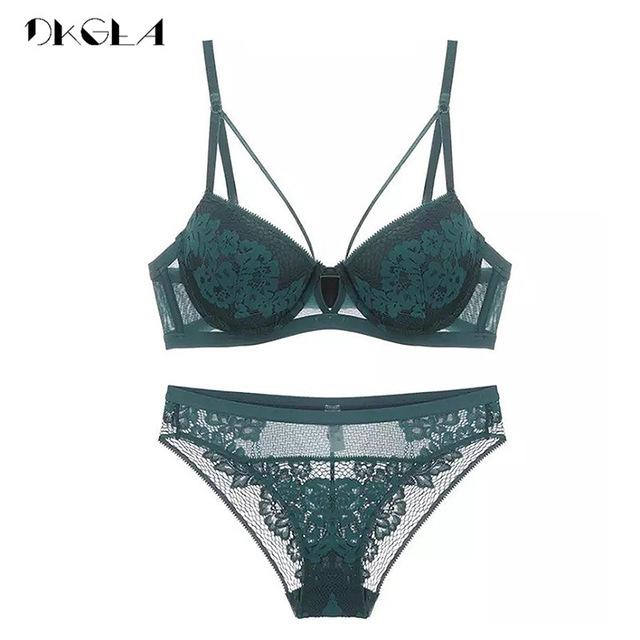 2019 New Bandage Green Lace Bra Set Women Lingerie Embroidery Thick Push Up Brassiere Cotton Underwear Set Sexy Bras Gather