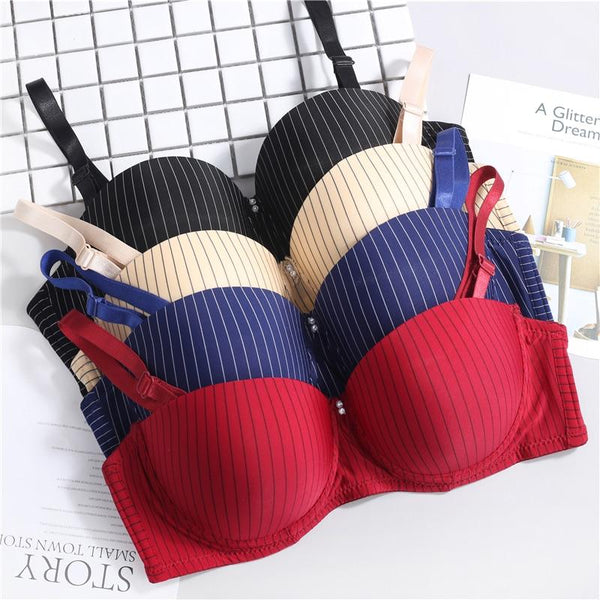 Sexy Push Up Bras for Women Unlined Beading Super Double Push Up Bra Underwear Gather Striped Young Girls Push Up Bra 1/2 Cup