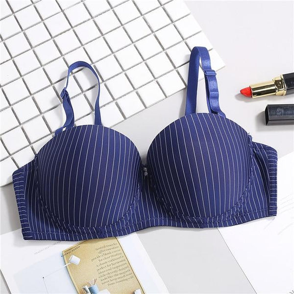 Sexy Push Up Bras for Women Unlined Beading Super Double Push Up Bra Underwear Gather Striped Young Girls Push Up Bra 1/2 Cup