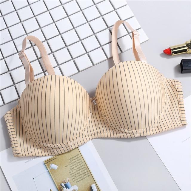 Sexy Push Up Bras for Women Unlined Beading Super Double Push Up Bra Underwear Gather Striped Young Girls Push Up Bra 1/2 Cup