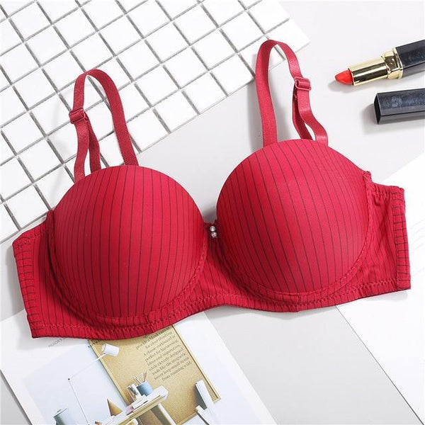 Sexy Push Up Bras for Women Unlined Beading Super Double Push Up Bra Underwear Gather Striped Young Girls Push Up Bra 1/2 Cup