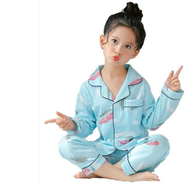 Infant Satin pink Plume Autumn Children Pajamas Long Sleeve Cartoon Kids Girl Clothes Suit Children's Pyjamas Home Clothes