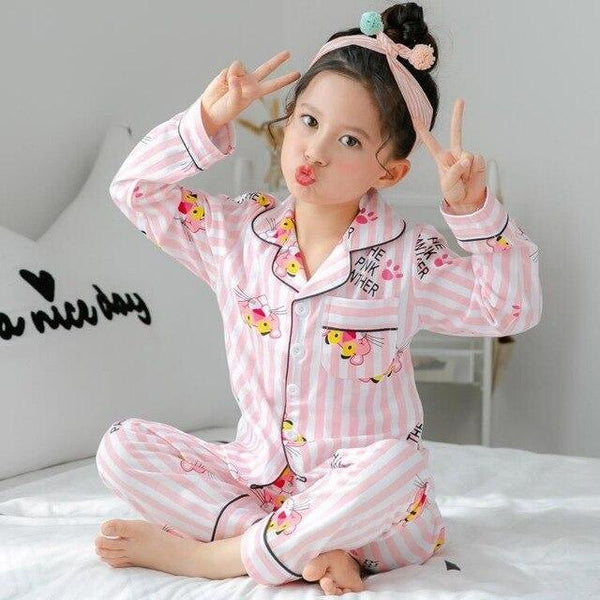 Infant Satin pink Plume Autumn Children Pajamas Long Sleeve Cartoon Kids Girl Clothes Suit Children's Pyjamas Home Clothes