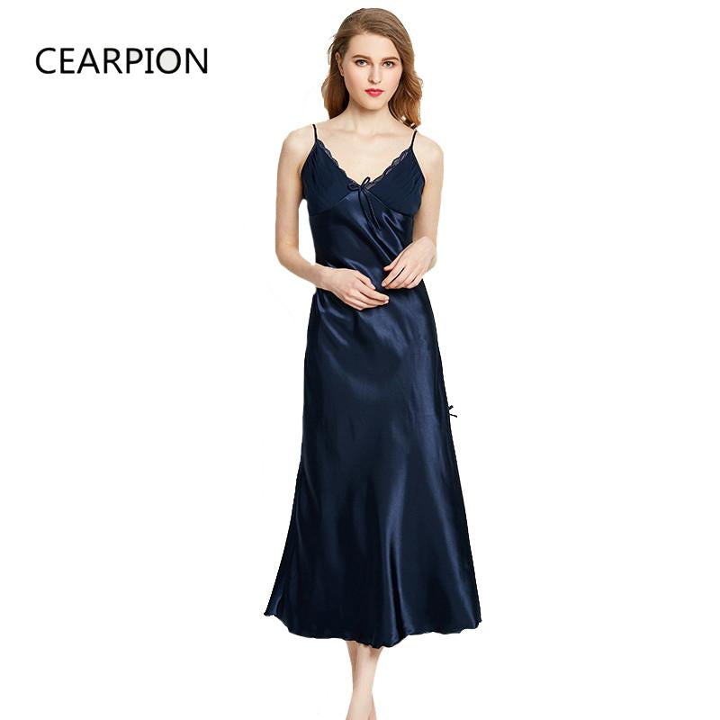 CEARPION Women Nightgown Long Nightdress Sexy Lace Nightwear Faux Silk Femme Nightie Spaghetti Strap Sleepwear Plus Size M-3XL