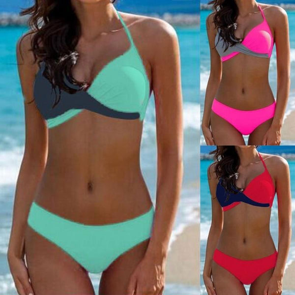 New 2018 Women Sexy Color Block Bandage Push-UP Padded Bra Halter Elastic Soft Tops+Low Waist Briefs Set