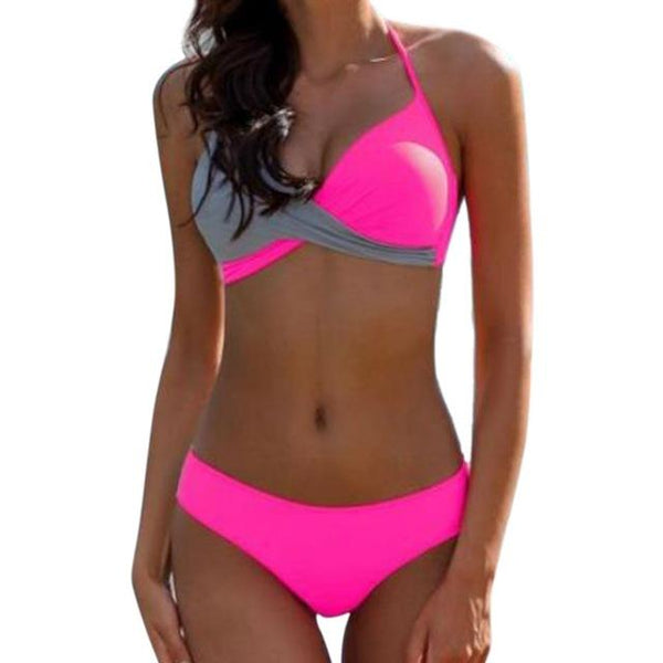 New 2018 Women Sexy Color Block Bandage Push-UP Padded Bra Halter Elastic Soft Tops+Low Waist Briefs Set