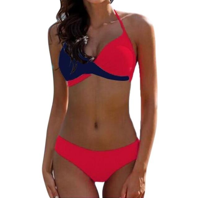 New 2018 Women Sexy Color Block Bandage Push-UP Padded Bra Halter Elastic Soft Tops+Low Waist Briefs Set