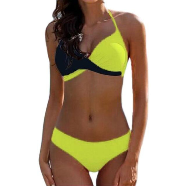 New 2018 Women Sexy Color Block Bandage Push-UP Padded Bra Halter Elastic Soft Tops+Low Waist Briefs Set