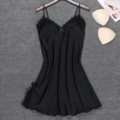 Red Suspender Skirt Sleepwear Lace Sexy Nightgown Floral Trim Nightie Summer Home Dress Solid Satin Nightdress Mini Negligee