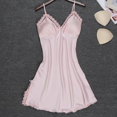 Red Suspender Skirt Sleepwear Lace Sexy Nightgown Floral Trim Nightie Summer Home Dress Solid Satin Nightdress Mini Negligee