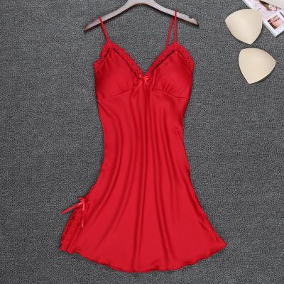 Red Suspender Skirt Sleepwear Lace Sexy Nightgown Floral Trim Nightie Summer Home Dress Solid Satin Nightdress Mini Negligee