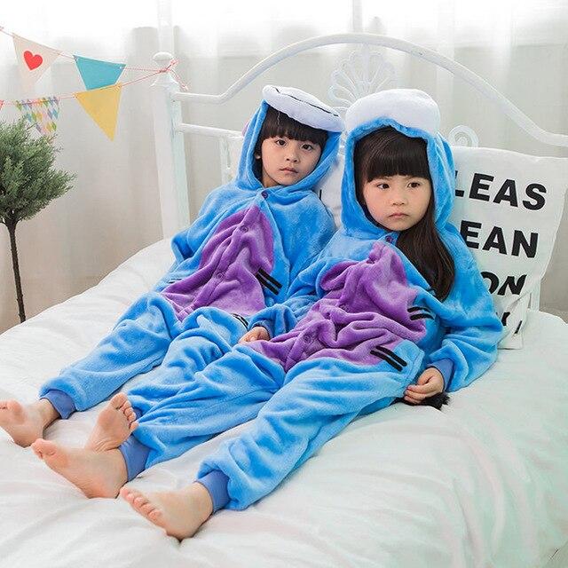 Flannel Children kigurumi Pajamas Set Winter Hooded Animal Unicorn Pikachu Stitch Kids Pajamas For Boys Girls Sleepwear Onesies